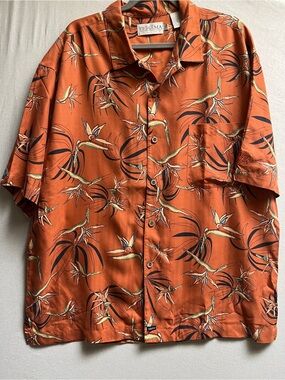 Tehama Men's 100% Silk Short Sleeve Button Up Tan Stripe Shirt Size XL